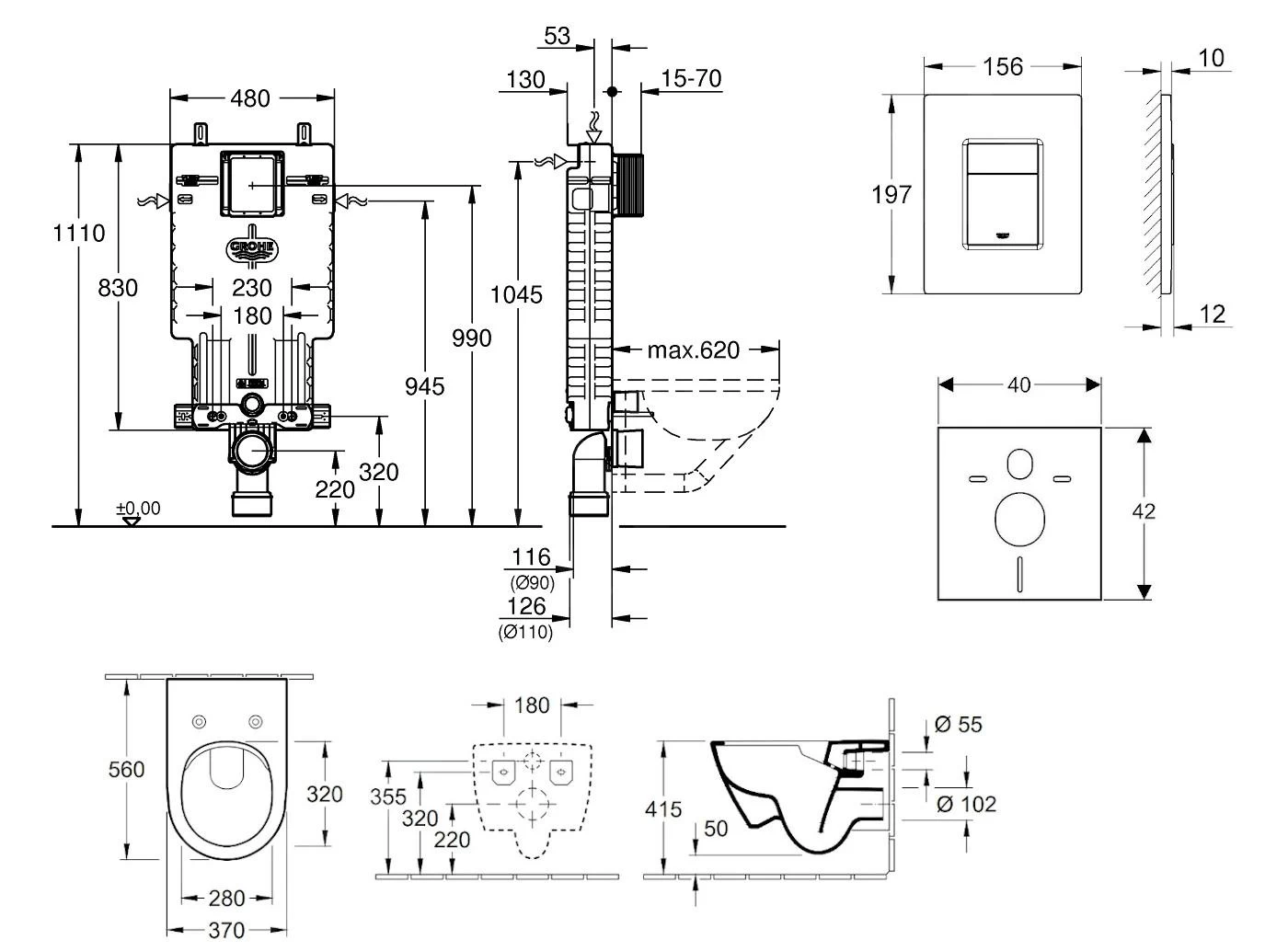 Grohe Uniset - Complete Toiletset, Wand-wc + Subway Toiletzitting, Direct Flush, Softclose, Ceramic Plus + Bedieningsplaat Skate Cosmo, Chroom 38643SET-KI 4 Grohe Uniset - Complete Toiletset, Wand-wc + Subway Toiletzitting, Direct Flush, Softclose, Ceramic Plus + Bedieningsplaat Skate Cosmo, Chroom 38643SET-KI - Afbeelding 2