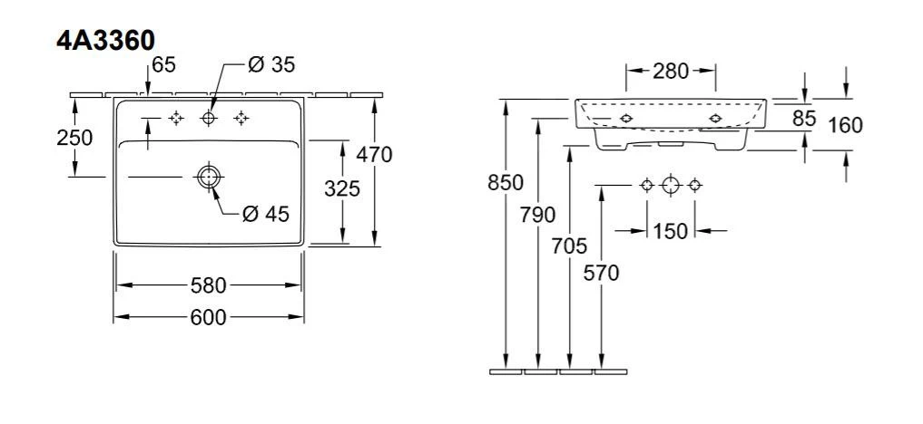 Villeroy & Boch Collaro - Wastafel 600x470 Mm, Met Overloop, Met Kraangat, Alpine Wit 4A336001 4 Villeroy & Boch Collaro - Wastafel 600x470 Mm, Met Overloop, Met Kraangat, Alpine Wit 4A336001 - Afbeelding 2
