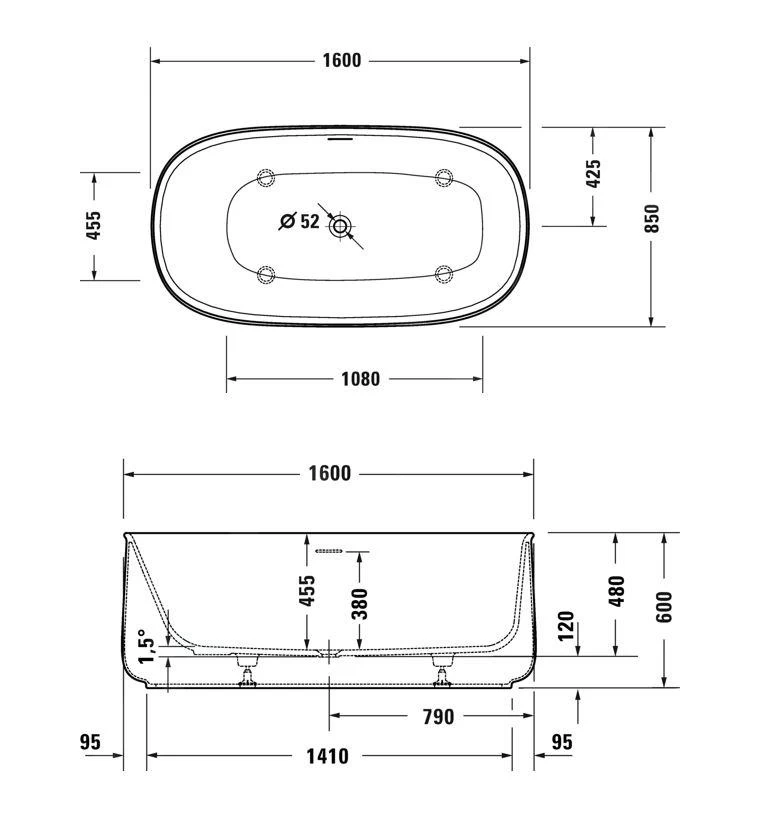 Duravit Zencha - Vrijstaand Bad 1600x850 Mm, DuraSolid, ClickClack, Wit 700462000000000 4 Duravit Zencha - Vrijstaand Bad 1600x850 Mm, DuraSolid, ClickClack, Wit 700462000000000 - Afbeelding 2