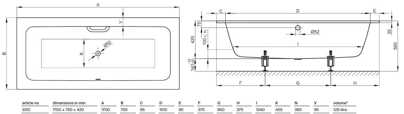Bette One - Inbouwbad 1700x750 Mm, 1 Gat Voor Handgreep, Wit 3312-0001GR 4 Bette One - Inbouwbad 1700x750 Mm, 1 Gat Voor Handgreep, Wit 3312-0001GR - Afbeelding 2