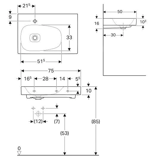 Geberit Citterio - Wastafel 750x500 Mm, Kraangat Links, Zonder Overloop, Met Bijzetplank Rechts, KeraTect, Wit 500.545.01.1 4 Geberit Citterio - Wastafel 750x500 Mm, Kraangat Links, Zonder Overloop, Met Bijzetplank Rechts, KeraTect, Wit 500.545.01.1 - Afbeelding 2