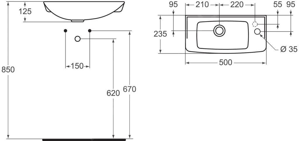 Ideal Standard Eurovit - Fontein 500x235x125 Mm, Wit R421001 4 Ideal Standard Eurovit - Fontein 500x235x125 Mm, Wit R421001 - Afbeelding 2