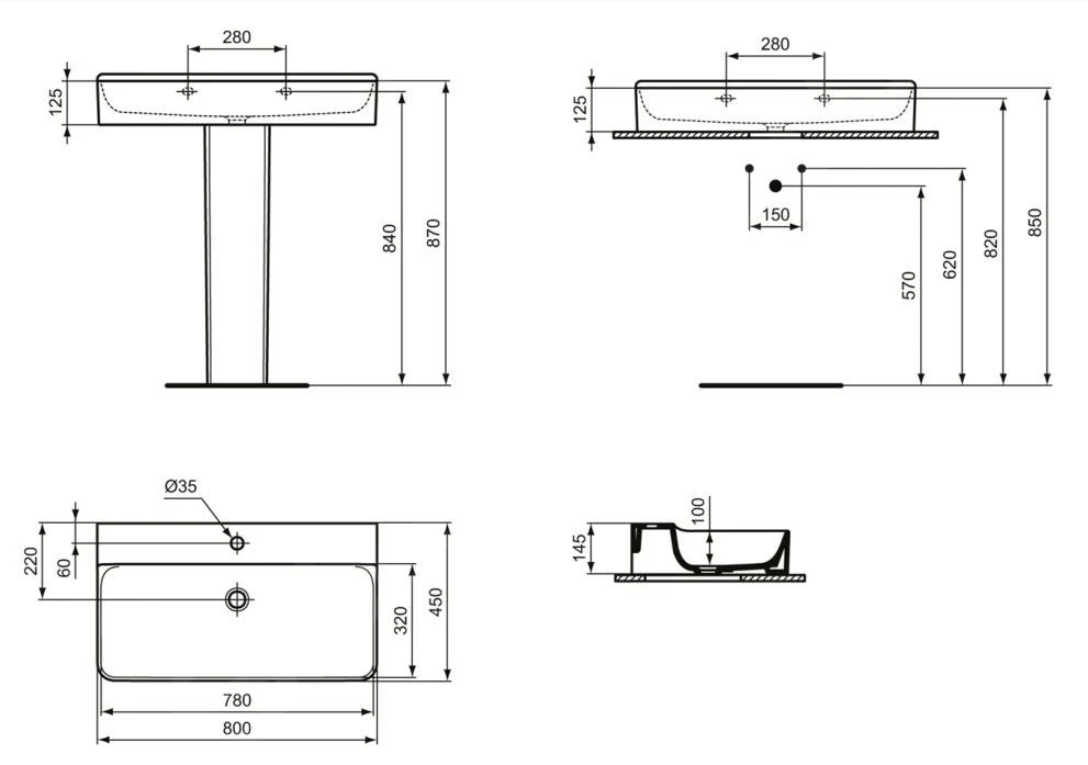 Ideal Standard Conca Ceram - Wastafel 800x450 Mm, Zonder Overloop, Met Kraangat, Wit T379501 4 Ideal Standard Conca Ceram - Wastafel 800x450 Mm, Zonder Overloop, Met Kraangat, Wit T379501 - Afbeelding 2