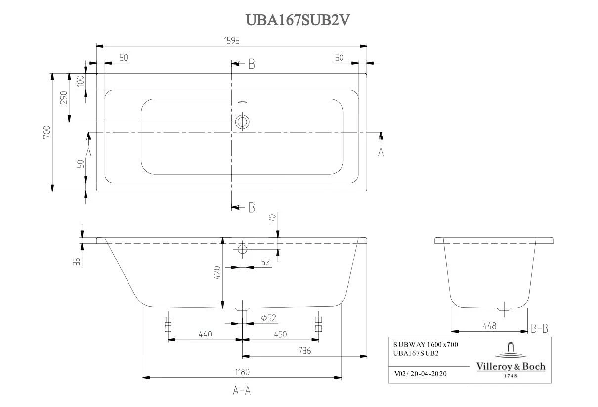 Villeroy & Boch Subway - Bad Duo, 1600x700 Mm, Alpine Wit UBA167SUB2V-01 4 Villeroy & Boch Subway - Bad Duo, 1600x700 Mm, Alpine Wit UBA167SUB2V-01 - Afbeelding 2