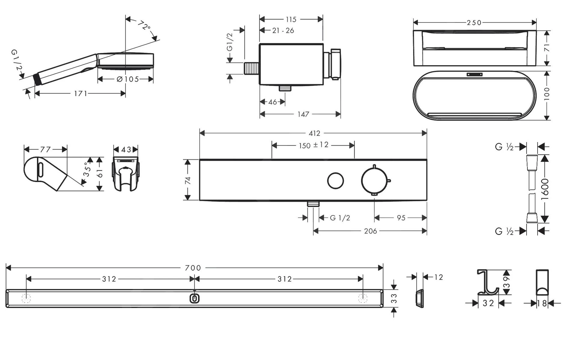 Hansgrohe WallStoris - Doucheset Van Douchekop 105, 3 Straalsoorten, Thermostaatkraan En Douche Accesoires, Mat Wit 24250700 4 Hansgrohe WallStoris - Doucheset Van Douchekop 105, 3 Straalsoorten, Thermostaatkraan En Douche Accesoires, Mat Wit 24250700 - Afbeelding 2